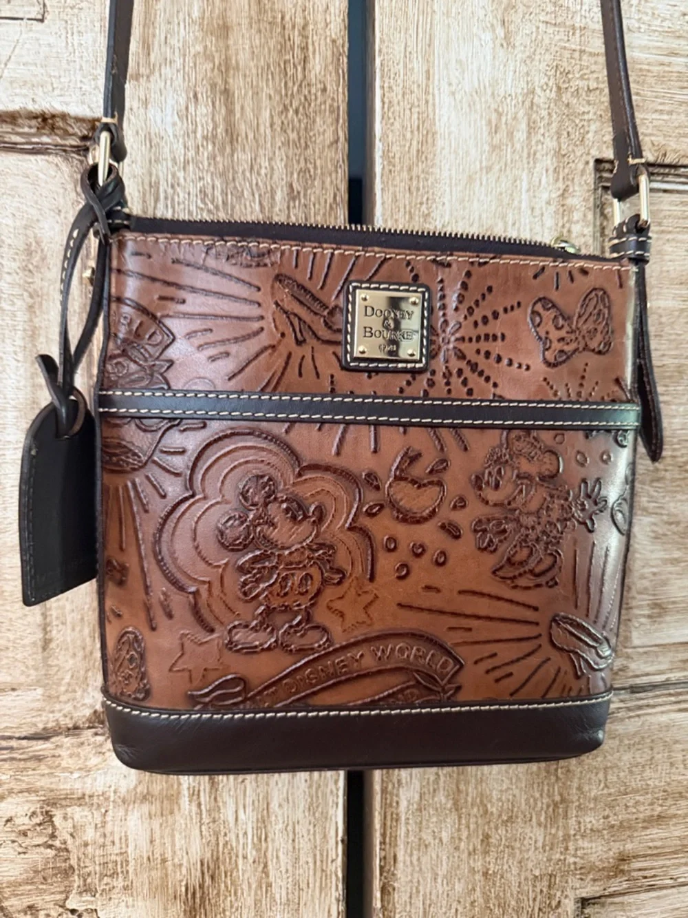 Dooney & Bourke Disney world parks Brown Embossed Leather Crossbody/Dark Trim - Picture 3 of 16